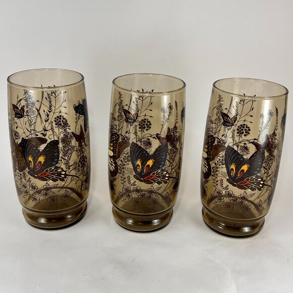 Vtg Libbey Butterfly Meadow Garden Footed Smokey Glassware 16 oz Barware Retro - Picture 1 of 16